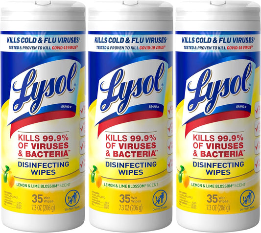 Lysol Disinfectant Wipes, Multi-Surface Antibacterial Cleaning Wipes, Dorm Room Essentials For Disinfecting and Cleaning, Lemon and Lime Blossom, 35 Count (Pack of 3)