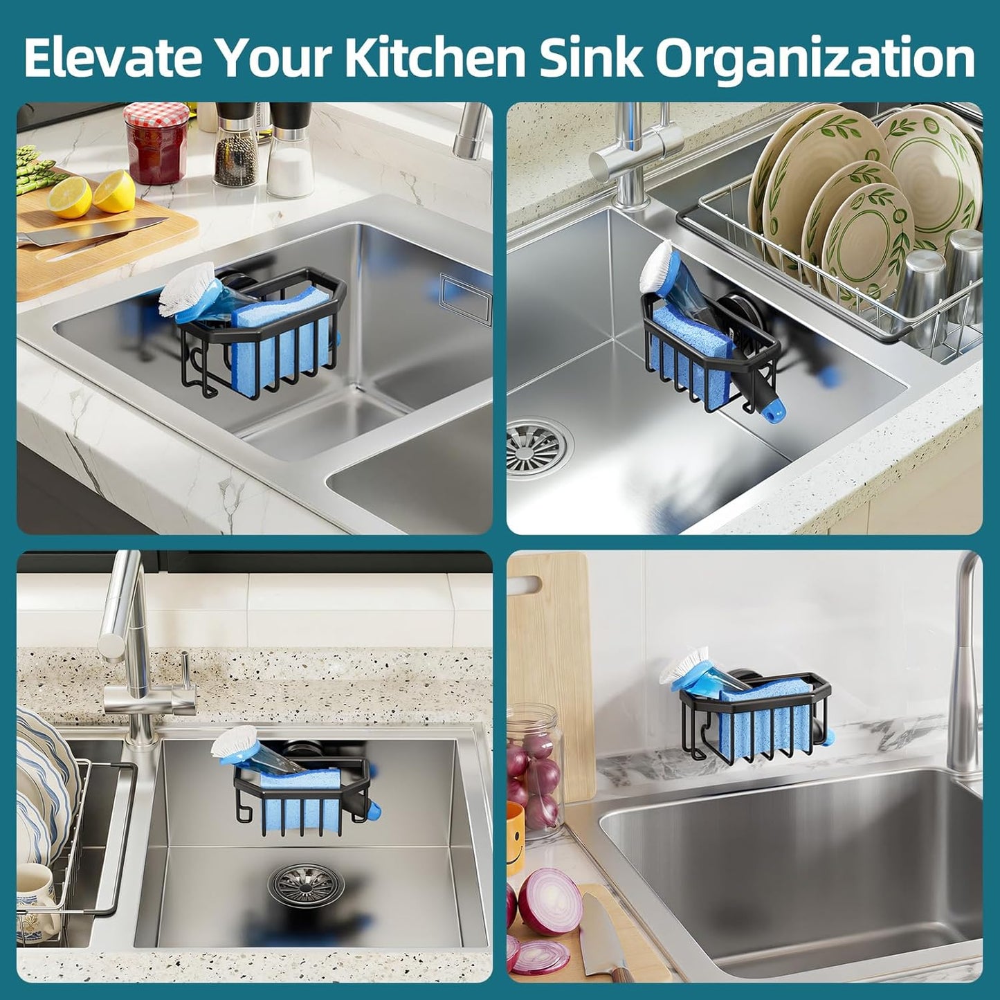 TAILI 4-in-1 Sink Caddy with Strong Suction Cup, Sponge Holder for Kitchen Sink Organizer, Removable, Rustproof, Stainless Steel Holder for Sponge, Brush, Scrubber, Scraper - Silver