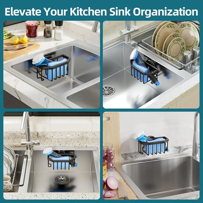 TAILI 4-in-1 Sink Caddy with Strong Suction Cup, Sponge Holder for Kitchen Sink Organizer, Removable, Rustproof, Stainless Steel Holder for Sponge, Brush, Scrubber, Scraper - Silver