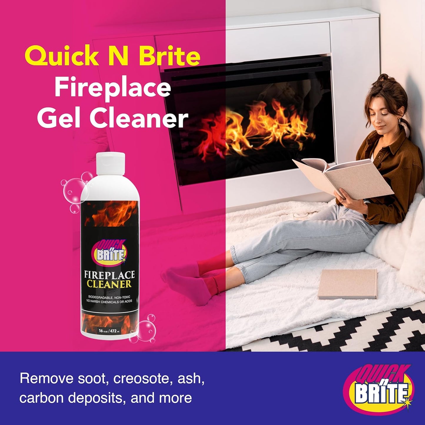 Quick 'n Brite Fireplace Gel Cleaner for Brick, Stone, Rock, Tile, and Marble, Nonabrasive Fireplace Cleaner, Made in the USA, 16 oz