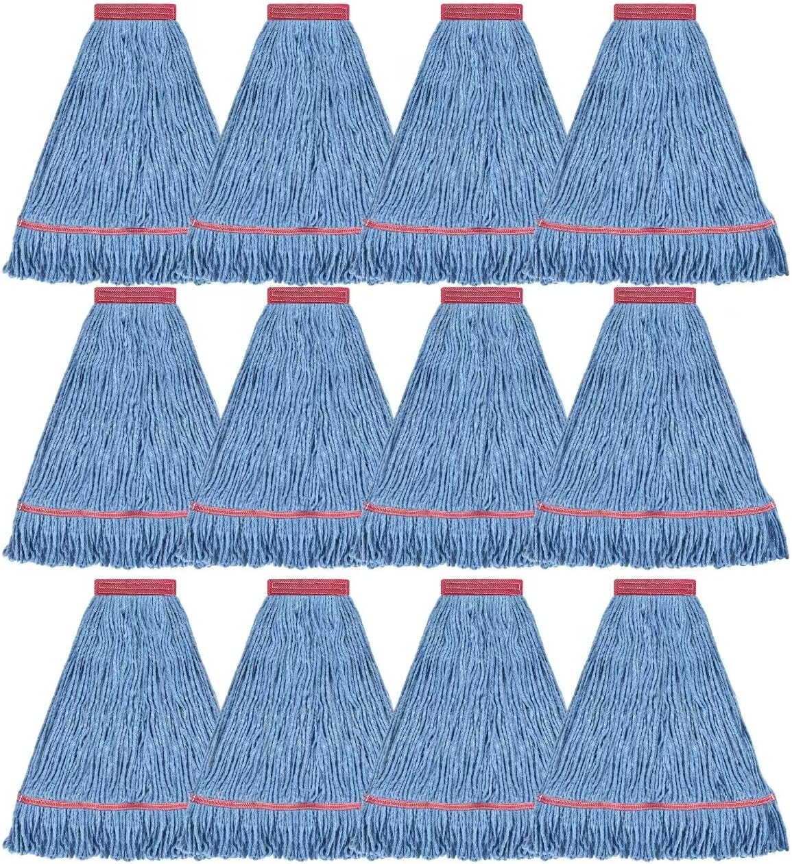 Matthew Cleaning Heavy Duty Mop Head Commercial Replacement for General and Floor Cleaning , Wet Industrial Blue Cotton Looped End String Head Refill (Pack of 6) Blue