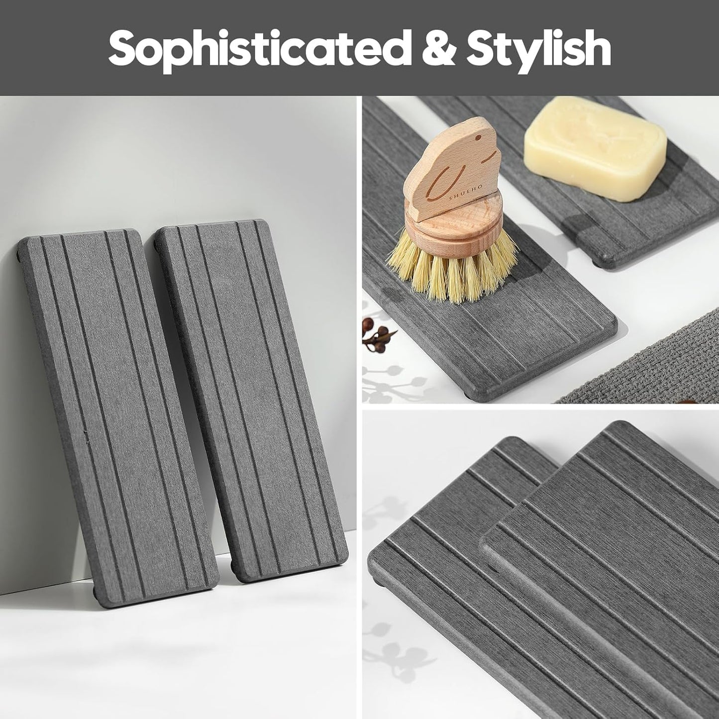 2PCS Water Absorbing Stone Drying Tray Mat for Bathroom Sink & Kitchen Counter Faucet Organizer, Quick Dry Dish Rack Soap Dispenser Sponge Holder, Vanity Sink Caddy Bar Coaster, Ivory White 8“x 4”