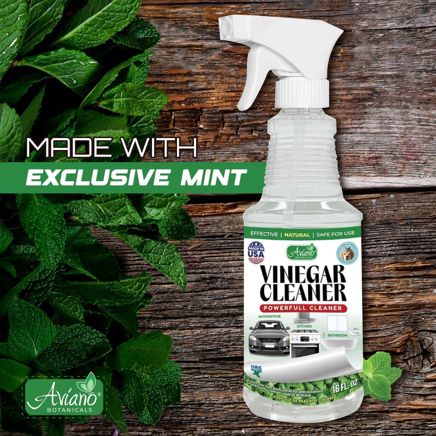 Aviano Botanicals Vinegar Cleaner, Made in USA - 16 Fl Oz Vinegar Cleaning Spray – Safe, Non-Corrosive, Pet & People Friendly, Eco-Friendly Mint Scent for Kitchen, Auto, Floors, Glass, Baths and more