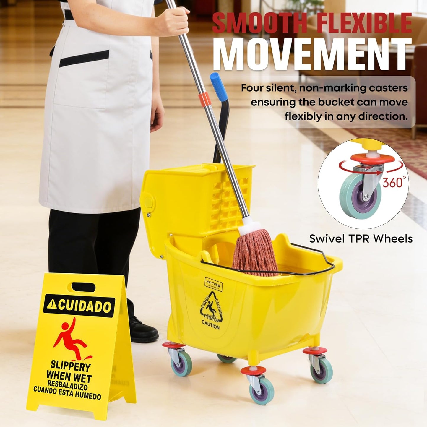 Matthew Cleaning 34 Quart Commercial Mop Bucket INCL.Wet String Mop with Side Press Wringer On Wheels,Heavy Duty Tandem Portable Floor Cleaning Wavebrake,Ideal for Household,Industrial,Restaurant