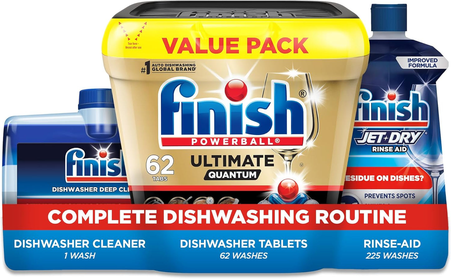 Finish Ultimate Quantum Deep Clean Bundle - Ultimate Dishwasher Detergent Pods (62ct), Jet Dry Rinse Aid (23oz) for Residue & Hard Water, Dishwasher Cleaner (8.45oz) For Grease & Limescale