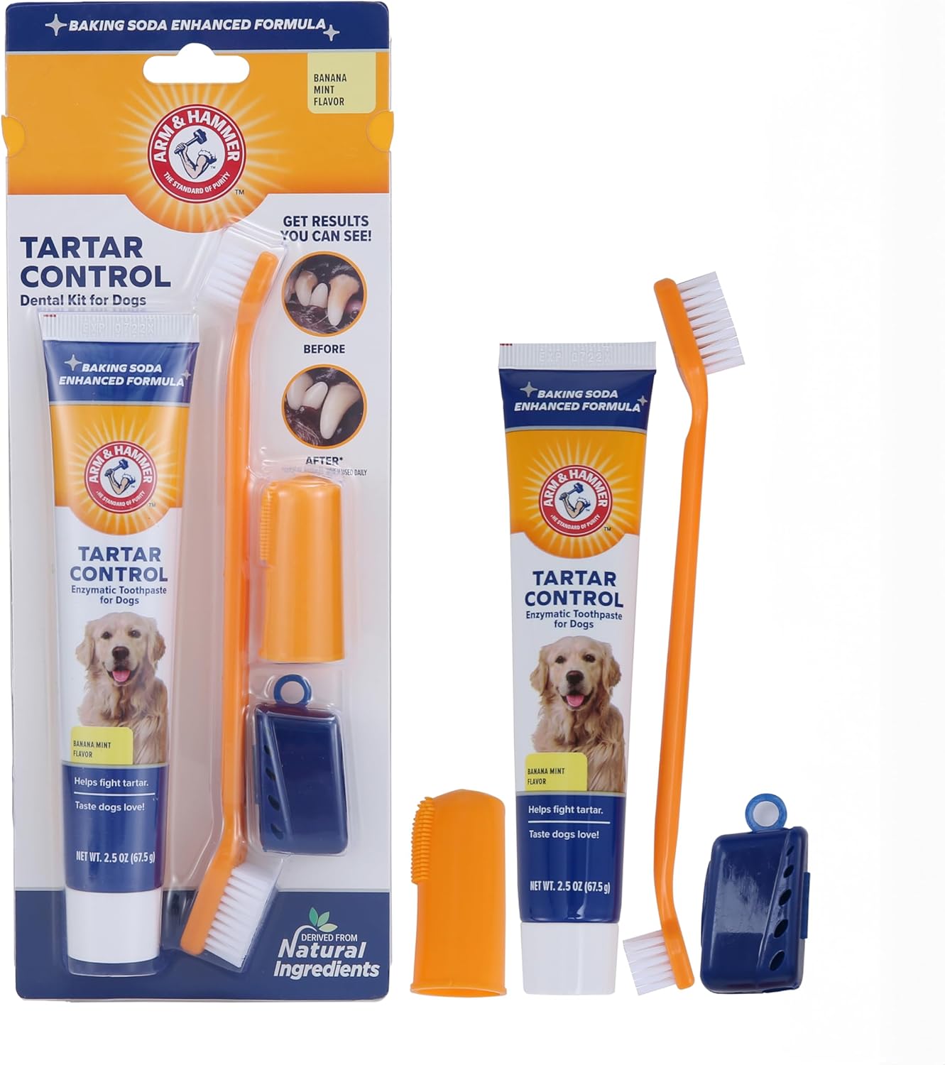 Arm & Hammer for Pets Tartar Control Dog Dental Kit, Enzymatic Toothpaste with Toothbrush and Fingerbrush, Baking Soda Formula Reduces Plaque and Tartar, Safe for Puppies, Beef Flavor, 3-Piece