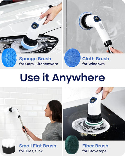 Cleanninja Electric Spin Scrubber for Cleaning, Adjustable Shower Brush with 7 Replaceable Heads & Power LED Display, 2 Speed Waterproof Cordless Shower Scrubber for Bathtub, Kitchen, Car, White