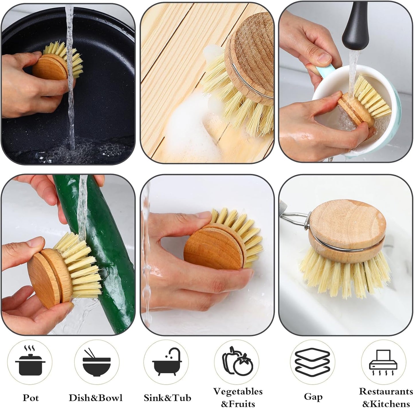 Kifmurase 12Pcs Bamboo Dish Scrub Brush for Kitchen Sink, Wooden Dish Brushes for Cleaning, Natural Bristle Brush, Palm Kitchen Scrub Brushes for Pots, Pans, Cookware