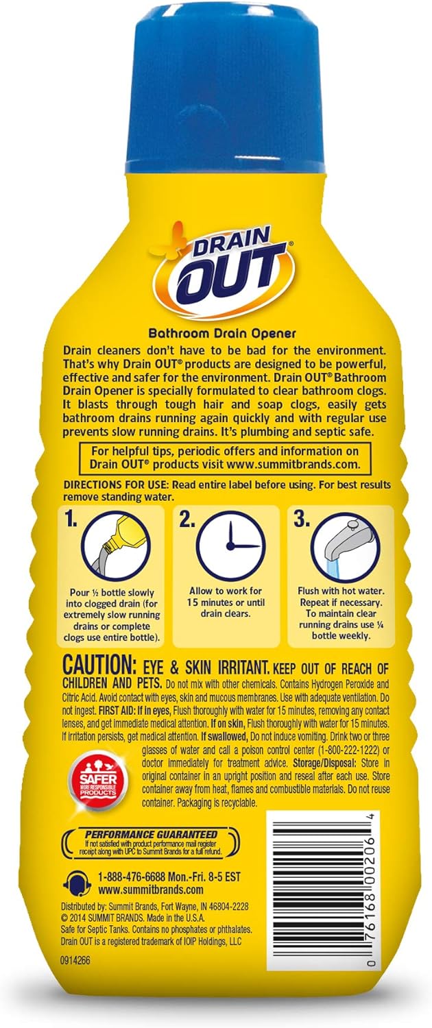 Summit Brands Drain OUT Drain Cleaner & Odor Eliminator, Clog Preventer and Buildup Remover, Fresh Citrus, 16 Ounce