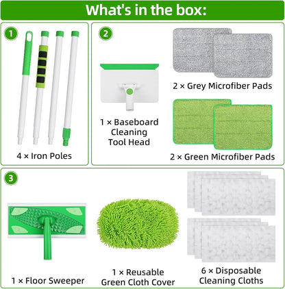 Baseboard Cleaner Tool with Handle, Extendable Long Handle Baseboard Floor Cleaning Tool Duster with Reusable Pads for Floorboard