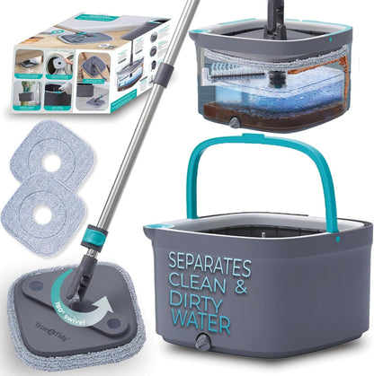 True & Tidy® True Clean Mop and Bucket System, Includes Square Spin, Dual Compartment Mop Bucket and 2 Thick Machine Washable Pads New Upgraded with Side Brush & Self Standing Handle, Rose