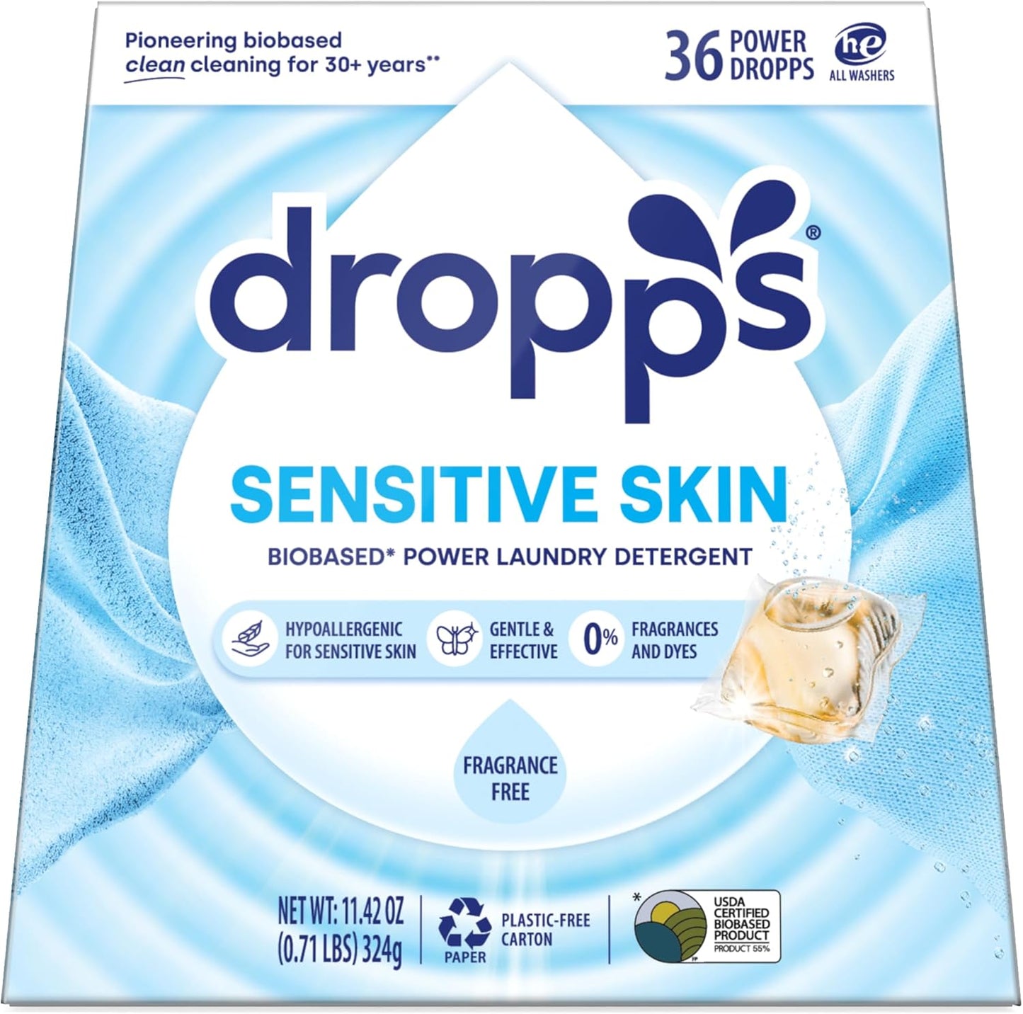 Dropps Sensitive Skin Laundry Detergent Pods, Unscented (36 Ct) - Hypoallergenic & Dermatologist Tested | Free & Clear | Laundry Pods for Sensitive Skin | Clean Ingredients | Plastic Free Packaging