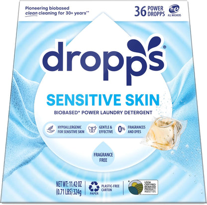 Dropps Sensitive Skin Laundry Detergent Pods, Unscented (36 Ct) - Hypoallergenic & Dermatologist Tested | Free & Clear | Laundry Pods for Sensitive Skin | Clean Ingredients | Plastic Free Packaging