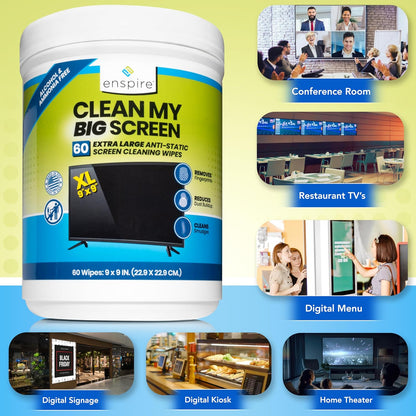 enspire; Clean My Big Screen; Extra Large Electronics Cleaning Wipes; 60 Count & Microfiber Towel Value Pack (905259PT)