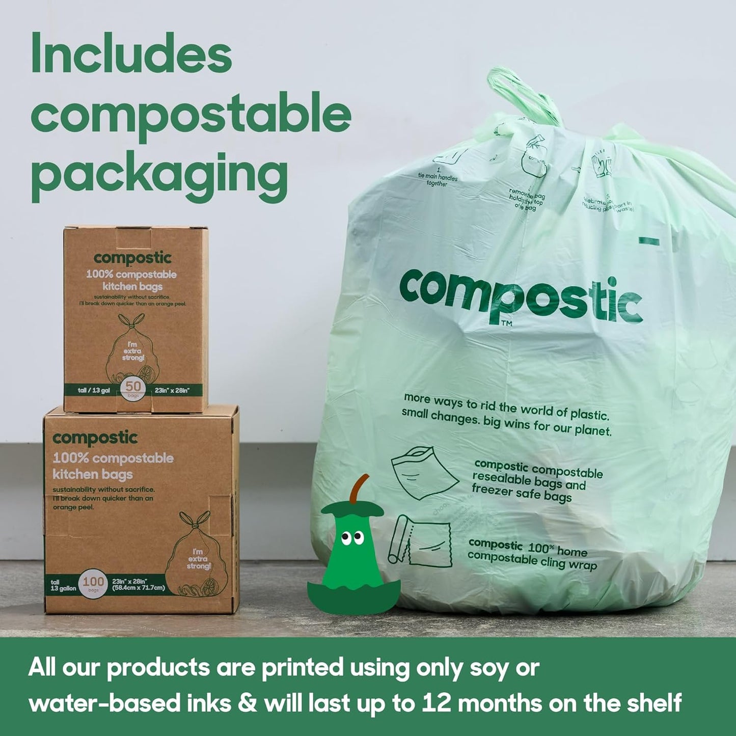 Compostic Compostable Trash Bags, 13 Gallon Tall Kitchen (50 Count) Starter Pack — Extra Strong, Home Compostable, Plant-Based, Non-Toxic, Unscented Garbage Bags