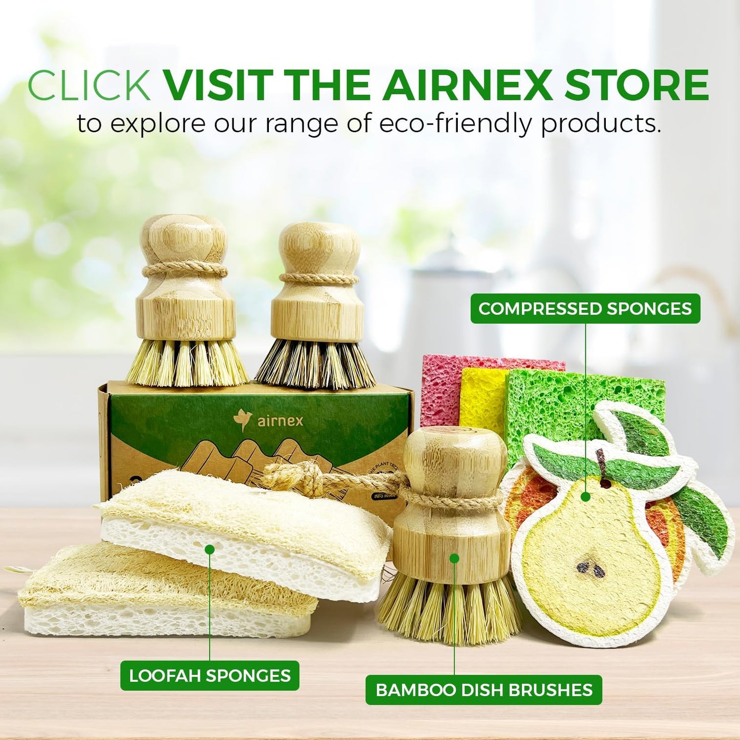 AIRNEX Bamboo Dish Brush Set of 3 - Natural Wooden Dish Scrubber w/Medium Stiff Sisal & Coconut Bristles - Kitchen Scrub Brush for Dishes, Pots & Pans - Plastic Free, Non Scratch Bristles
