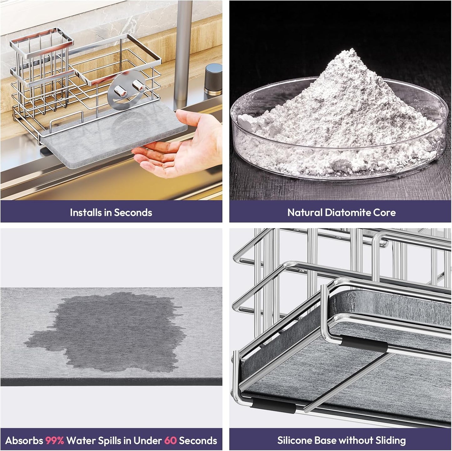 SWTYMIKI Sponge Holder for Kitchen Sink - 2 Tier Rustproof Sink Caddy with Instant Drying Stone, Removable Dish Brush Holder, Stainless Steel Kitchen Caddy for Coutertop Storage Accessories