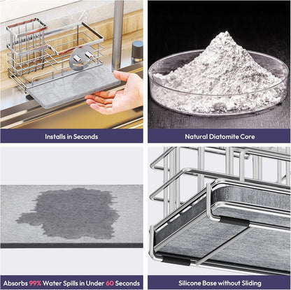 SWTYMIKI Sponge Holder for Kitchen Sink - 2 Tier Rustproof Sink Caddy with Instant Drying Stone, Removable Dish Brush Holder, Stainless Steel Kitchen Caddy for Coutertop Storage Accessories