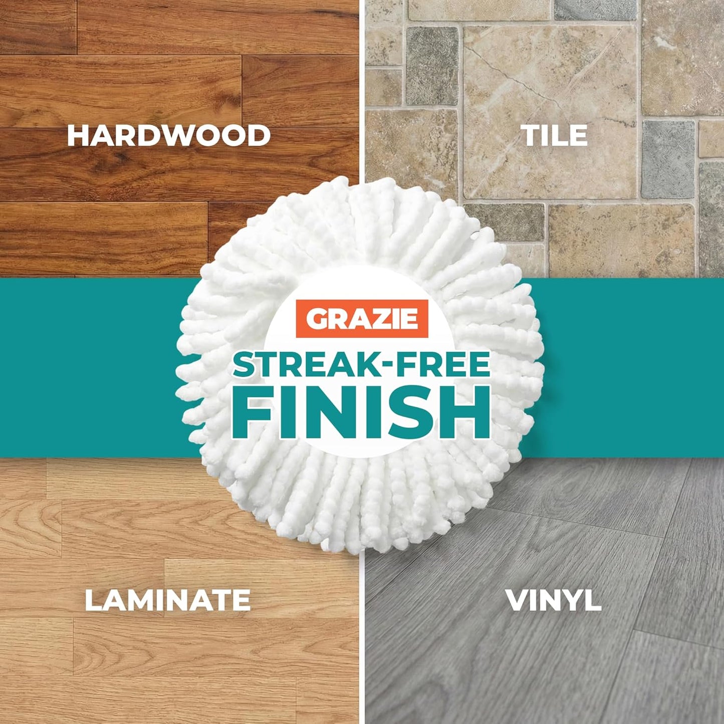Grazie Spin Mop Head Replacements – Premium Microfiber Mop Refills – Ultra-Absorbent, Washable Heads – Compatible with Most Spin Mop Systems – Ideal for Tile, Hardwood & Laminate Floors – 2-Pack