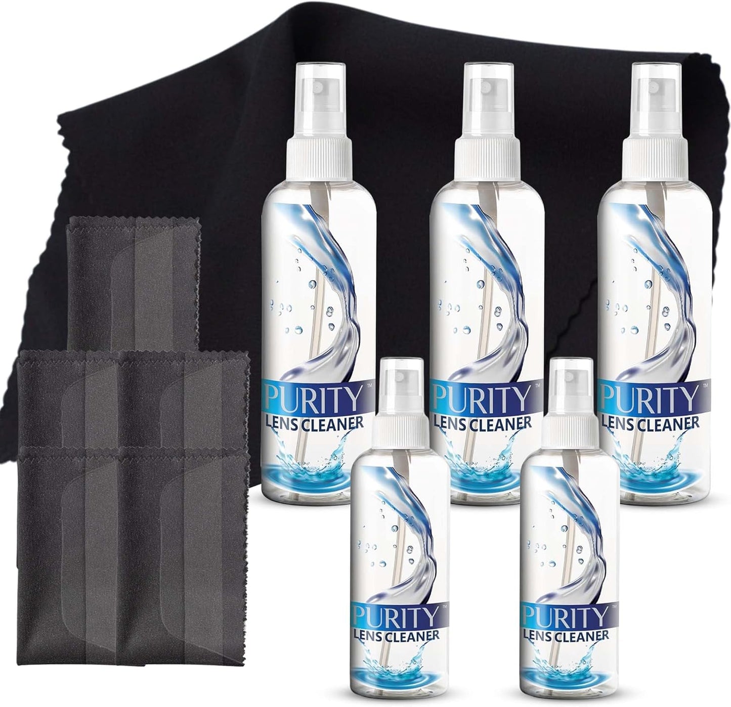Purity Eyeglass Lens Cleaner Kit - 2 x 8oz and 1 x 2oz Lens Cleaner Spray Bottle + 2 Microfiber Cleaning Cloths - Safe for All Lenses (AR Coated Included), Eyeglasses and Screens - Clear