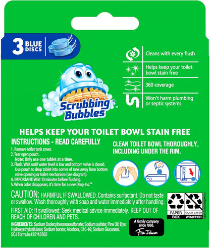 Scrubbing Bubbles Continuous Clean Toilet Drop-Ins, Automatic Blue Toilet Bowl Cleaner, Septic-Safe Tank Tablets Remove Hard Water Minerals & Limescale, Stain & Smell Protection, 3 Count (Pack of 1)