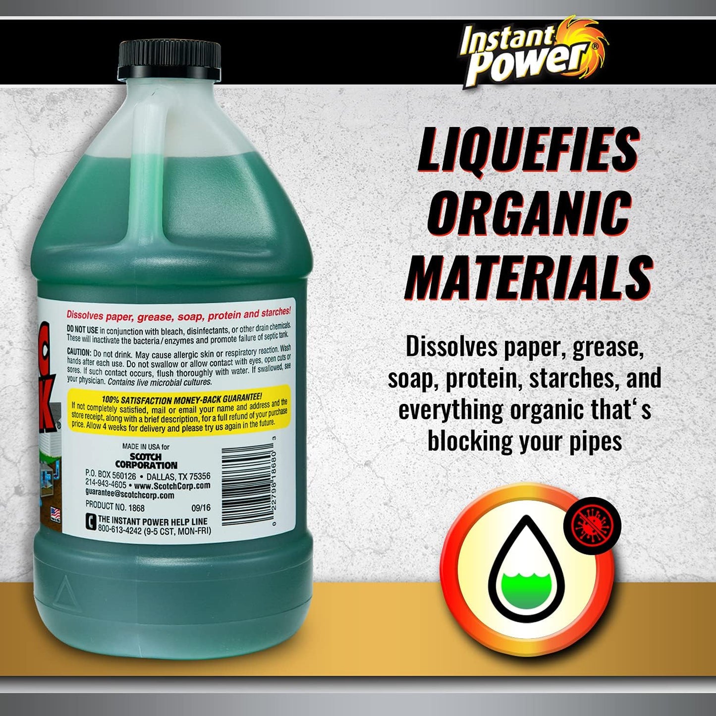 Instant Power Septic Shock - Septic Tank Treatment, Drain Cleaner Liquid Clog Remover for Septic Systems - 67.6 Fl Oz 1 Pack