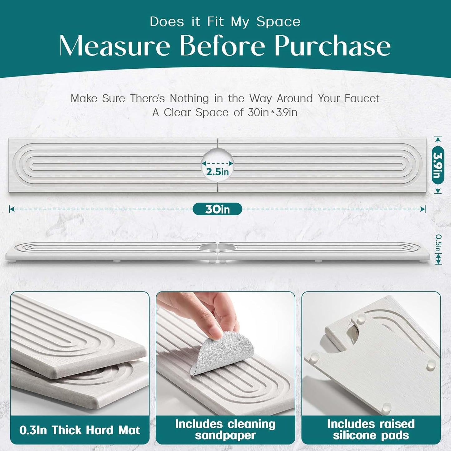 Eormoe Faucet Mat for Kitchen Sink – Diatomite Stone Drying Mat & Sink Protectors, Prevent Moisture – Sink Splash Guard Water-Absorbing Stone Tray for Bathroom Counter (Light Grey, 23.6" x 3.9")
