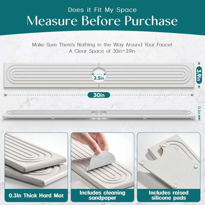 Eormoe Faucet Mat for Kitchen Sink – Diatomite Stone Drying Mat & Sink Protectors, Prevent Moisture – Sink Splash Guard Water-Absorbing Stone Tray for Bathroom Counter (Light Grey, 23.6" x 3.9")