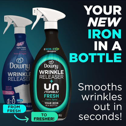 Downy Wrinkle Releaser Spray, All In One Wrinkle Release Spray, Odor Eliminator, Static Remover, Fabric Refresher & Ironing Aid for Clothes, 33.8 Fl Oz (Pack of 2), Unstopables Fresh Scent