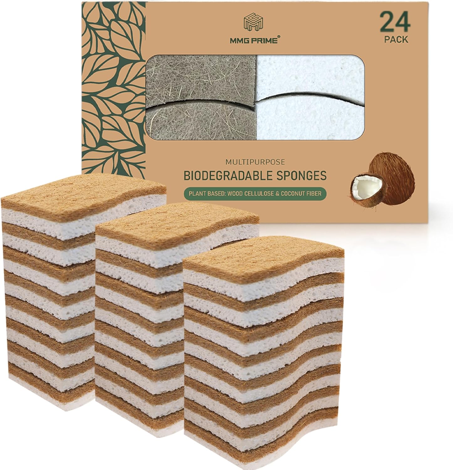Natural Kitchen Sponge –12-Pack Biodegradable Sponges for Dishes –Compostable Dish Washing Scrubbers – Eco Friendly Non-Scratch Cellulose & Coconut Husk Scrubber Sponges for Cleaning