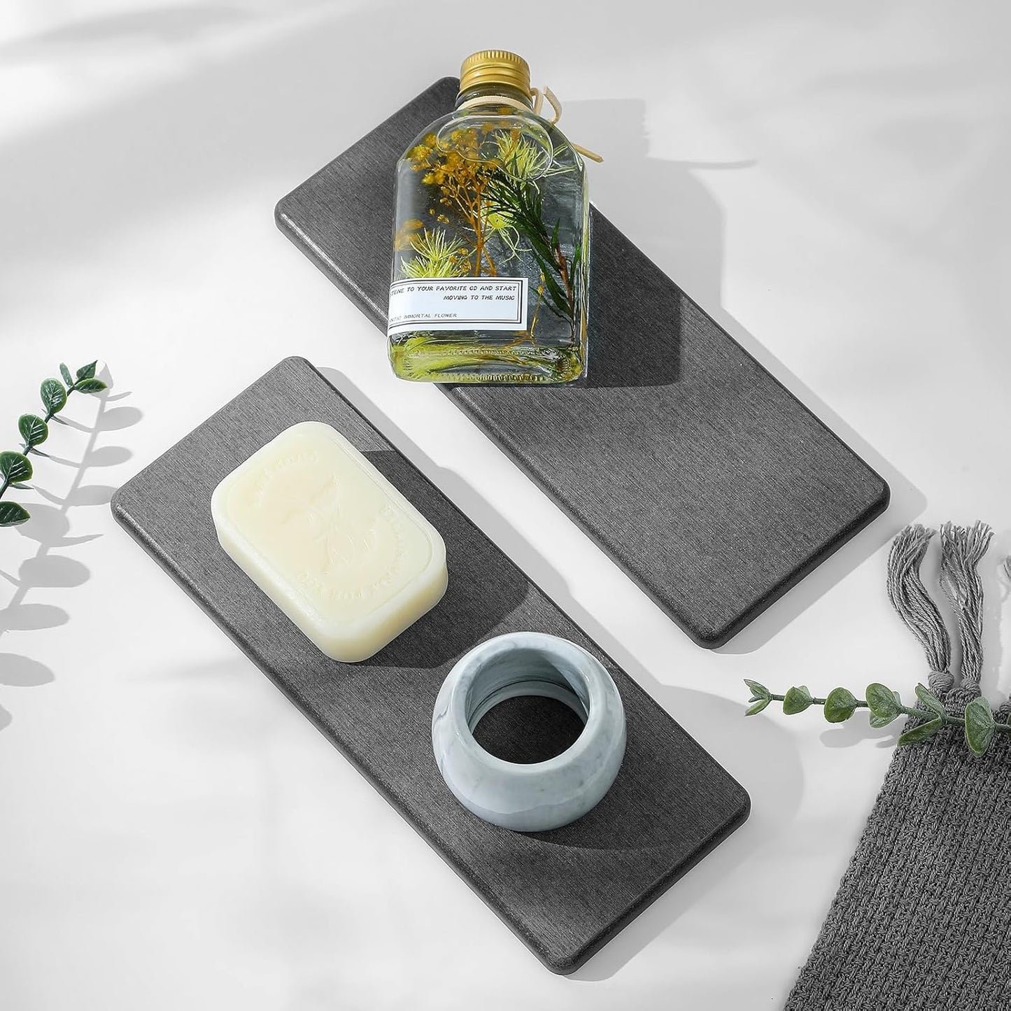 2PCS Water Absorbing Stone Drying Tray for Kitchen Counter & Bathroom Sink, Diatomite Faucet Splash Guard, Soap Dispenser Rack & Sponge Holder Caddy Organizer, Marble White (Printed Pattern), 9"x 3.5"