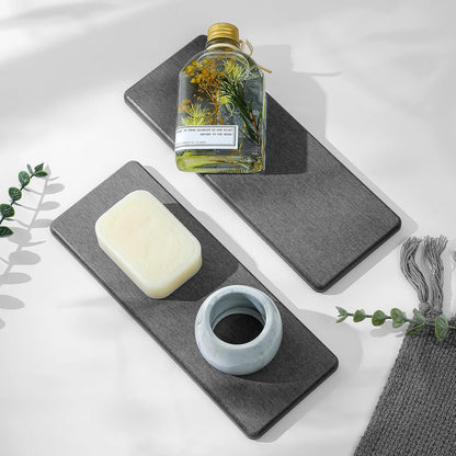 2PCS Water Absorbing Stone Drying Tray for Kitchen Counter & Bathroom Sink, Diatomite Faucet Splash Guard, Soap Dispenser Rack & Sponge Holder Caddy Organizer, Marble White (Printed Pattern), 9"x 3.5"
