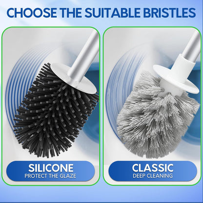BOOMJOY Toilet Brush and Holder Set, Silicone Toilet Bowl Cleaner Brush, Bathroom Cleaning Bowl Kit with Tweezers, Bathroom Accessories with Aluminum Handle - White