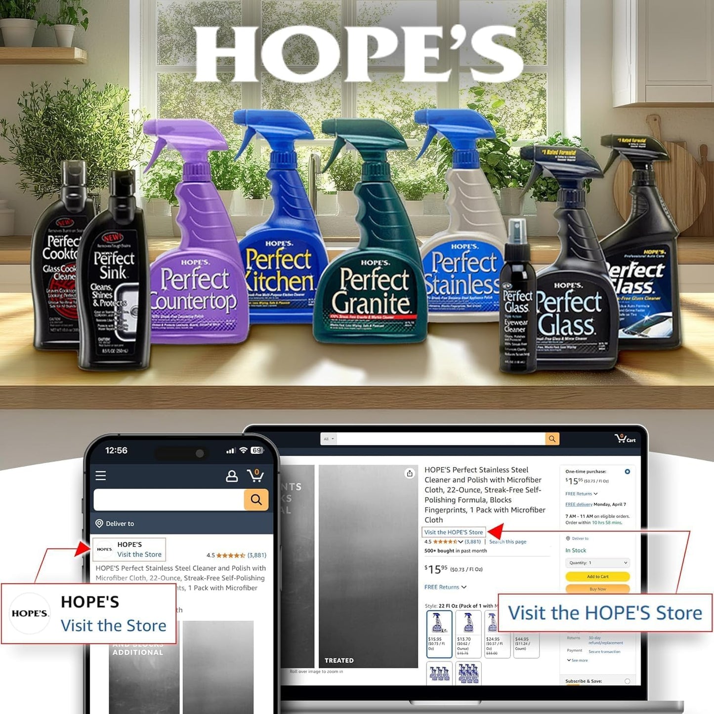 HOPE'S Perfect Granite & Marble Countertop Cleaner, Stain Remover and Polish, Streak-Free, Ammonia-Free, 22 Ounce, Pack of 2