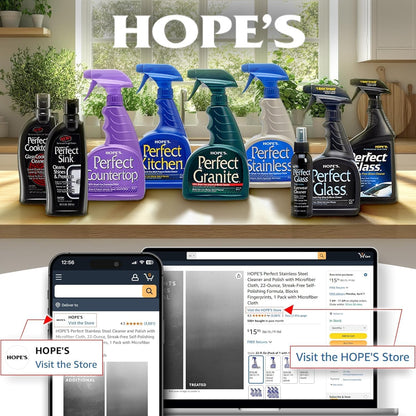 HOPE'S Perfect Granite & Marble Countertop Cleaner, Stain Remover and Polish, Streak-Free, Ammonia-Free, 22 Ounce, Pack of 2