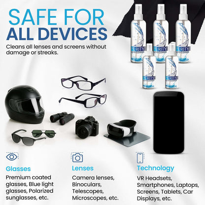 Purity Eyeglass Lens Cleaner Kit - 2 x 8oz and 1 x 2oz Lens Cleaner Spray Bottle + 2 Microfiber Cleaning Cloths - Safe for All Lenses (AR Coated Included), Eyeglasses and Screens - Clear
