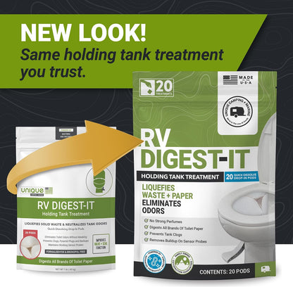 Unique RV Digest-It Plus RV Tank Treatment Pods – 16 Treatments, Breaks Down Waste & Toilet Paper + Eliminates Odors at Source, RV Black Tank Treatment