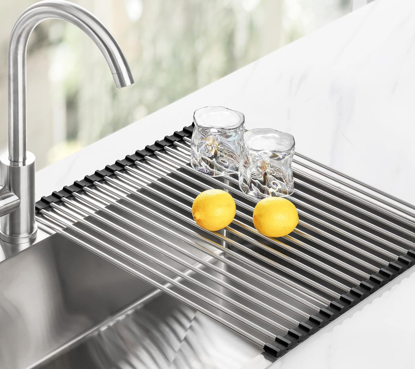 Tomorotec 17.7" x 15.5" Roll Up Dish Drying Rack Over Sink Drying Rack Sink Cover Kitchen Sink Accessories Gadget Multipurpose Organizer Foldable Stainless Steel Drainer (Grey)