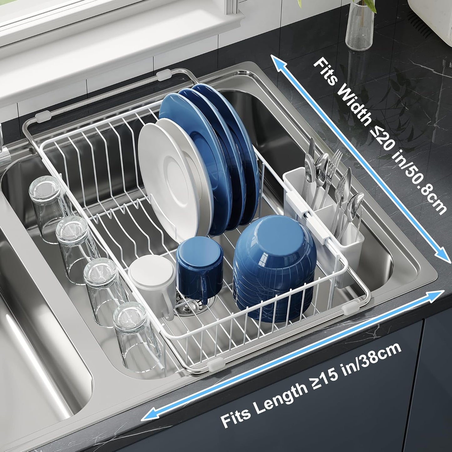 JASIWAY Dish Drying Rack in Sink, Expandable Stainless Steel Dish Drainers for Kitchen Counter, Dish Dryer Rack for Inside Sink, Over The Sink Dish Racks with Utensil Holder, Silver