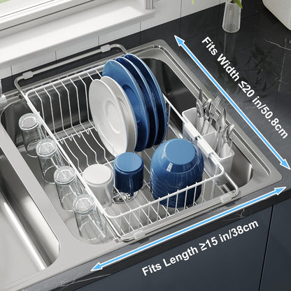 JASIWAY Dish Drying Rack in Sink, Expandable Stainless Steel Dish Drainers for Kitchen Counter, Dish Dryer Rack for Inside Sink, Over The Sink Dish Racks with Utensil Holder, Silver