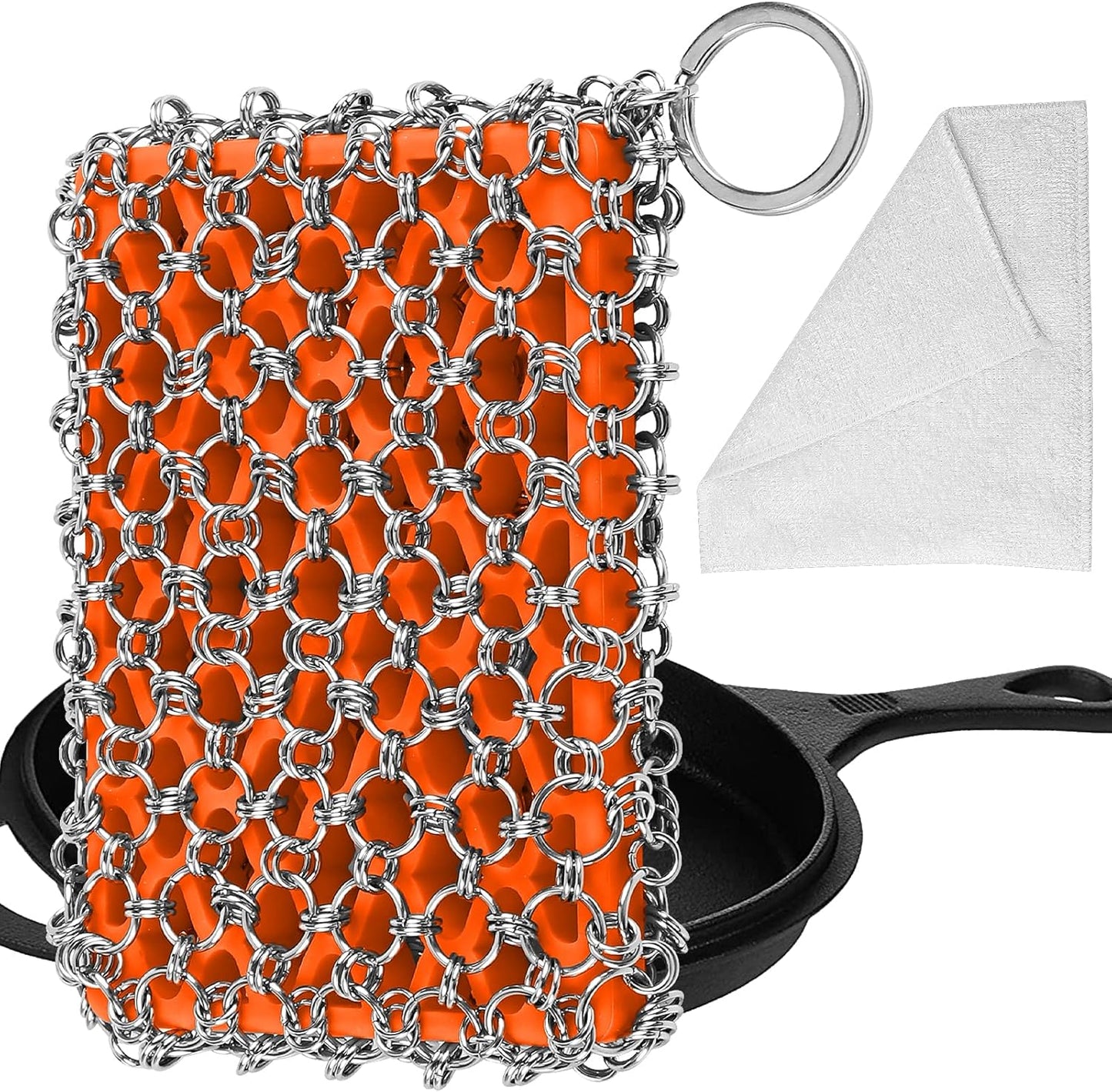 Herda Chain Mail Cast Iron Cleaner Scrubber,316 Chainmail Pan Scrubber Metal Cleaning Brush, Pad, Sponge Scraper to Clean Skillet,Dutch Oven, Wok,Grill Griddle,Chain Link Scrub Brush Pot Care Kit