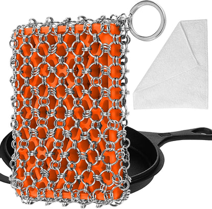 Herda Chain Mail Cast Iron Cleaner Scrubber,316 Chainmail Pan Scrubber Metal Cleaning Brush, Pad, Sponge Scraper to Clean Skillet,Dutch Oven, Wok,Grill Griddle,Chain Link Scrub Brush Pot Care Kit