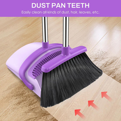 Broom and Dustpan Set for Home, 51-in Long Adjustable Handle Angle Broom and Dustpan Combo Set with Dust Pan Teeth to Clean Hair for Home Kitchen Office Lobby Floor Garden (Black&White)