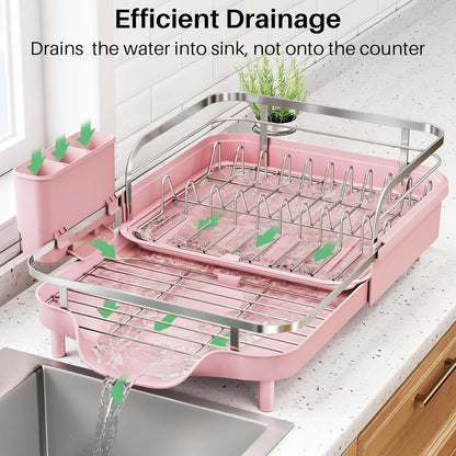SNTD Dish Drying Rack, Expandable Dish Rack for Kitchen Counter, Stainless Steel Dish Drainer with Drainboard Set and Utensil Holder (Black)