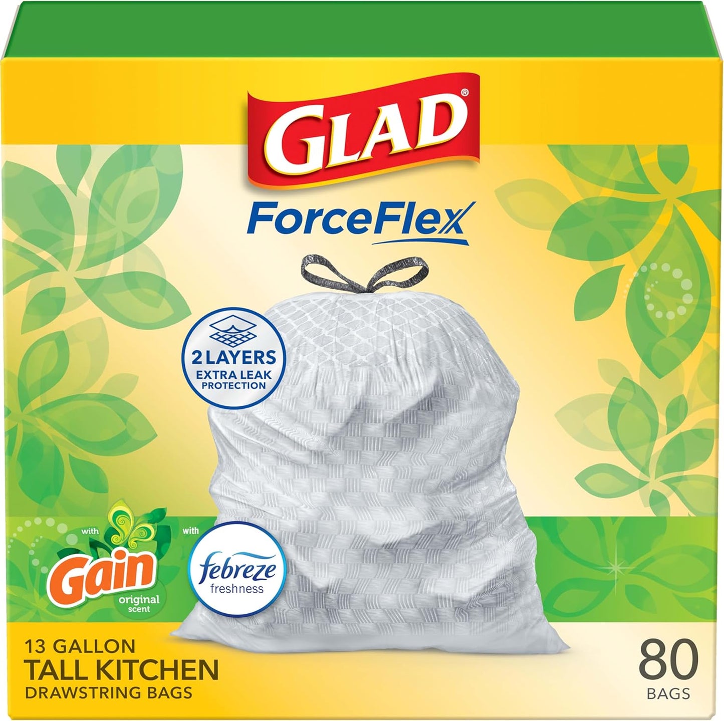 Glad ForceFlex Tall Kitchen Trash Bags, 13 Gal, Gain Original with Febreze, 110 Ct (Pack May Vary)