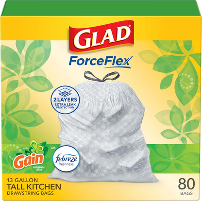 Glad ForceFlex Tall Kitchen Trash Bags, 13 Gal, Gain Original with Febreze, 110 Ct (Pack May Vary)