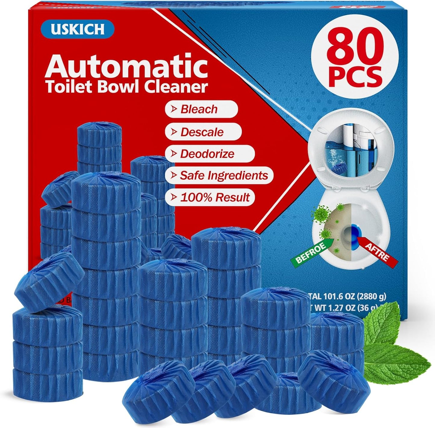 USKICH 20 Pack Toilet Bowl Cleaner Tablets,Blue Automatic Toilet Tank Cleaners, Long-Lasting Household Toilet Cleaners,Toilet flush Cleaning & Deodorizer