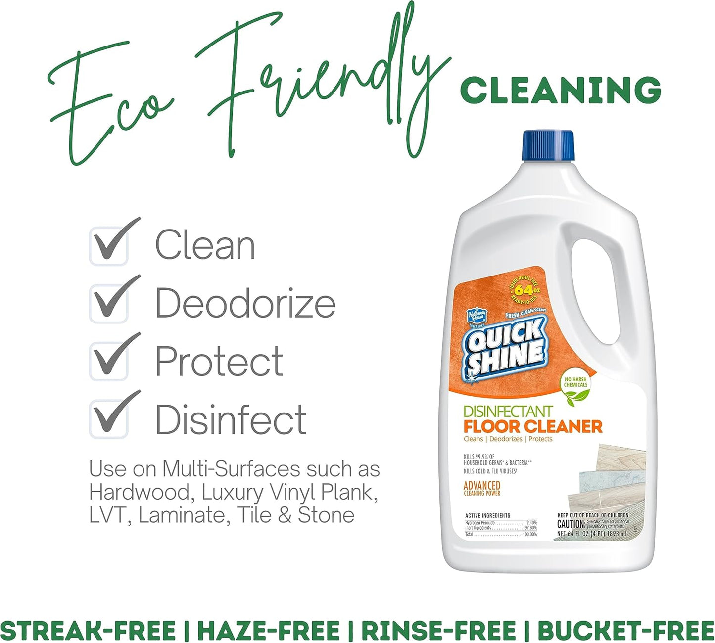 Quick Shine Disinfectant Floor Cleaner 27oz | Hospital Level Disinfectant Kills 99.9% Germs & Bacteria | Cleans w/Power of Hydrogen Peroxide & No Harsh Chemicals | Streak Free & Zero Residue