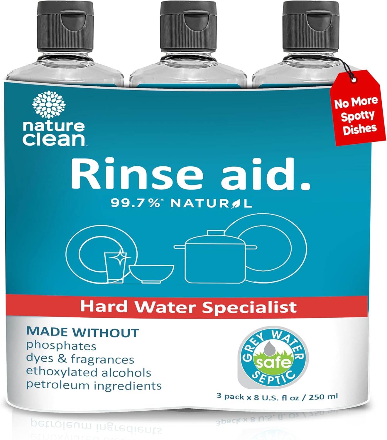 Nature Clean All Natural Dishwasher Rinse Aid Cleaner, Liquid Dishwasher Rinse Agent Spot-Free Glass & Cutlery in Hard Water, Non-Toxic Dish Washer Drying Agent & Stain Remover, 8 oz/250ml, Pack of 1