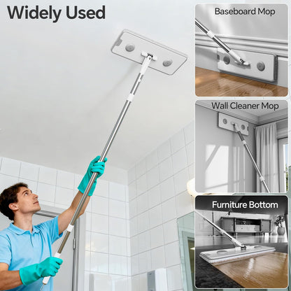 CTIME Large Mop and Bucket Set, Flat Mop and Bucket System, Wall Mop with Adjustable Handle (Max 70.87 Inches), Mops for Floor Cleaning, 6 Washable 15.74'' Microfiber Mop Pads